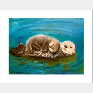 Mom and Baby Otters Posters and Art